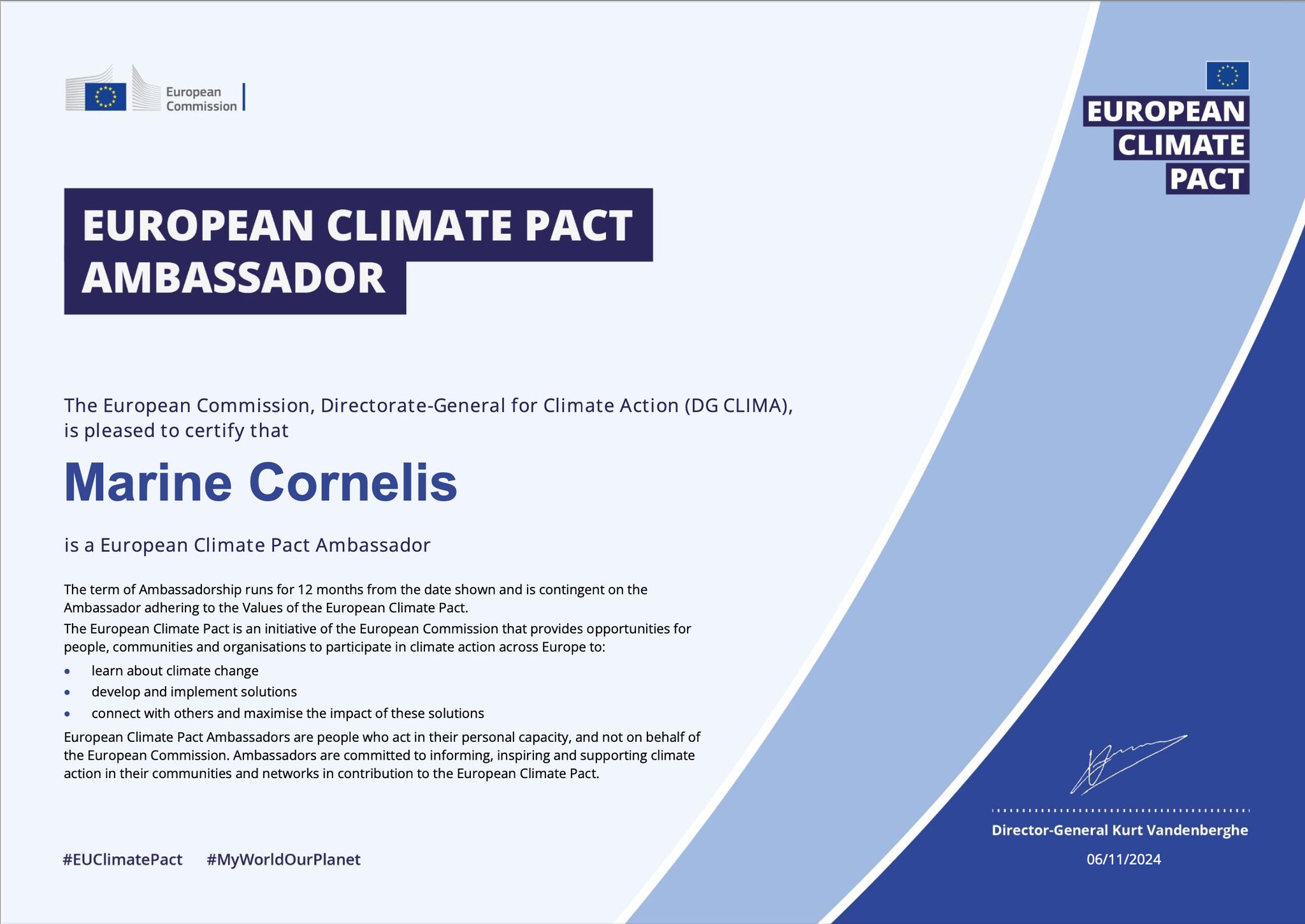 Marine Cornelis' European Climate Pact Certificate